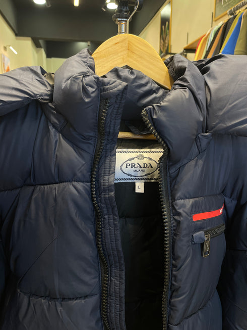 PRADA LUXURY PUFFER JACKET WITH PREMIUM LEATHER DETAILING | NAVY