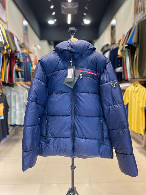 PRADA LUXURY PUFFER JACKET WITH PREMIUM LEATHER DETAILING | NAVY