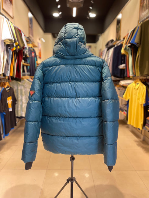 PRADA LUXURY PUFFER JACKET WITH PREMIUM LEATHER DETAILING | VERDE PETROLIO