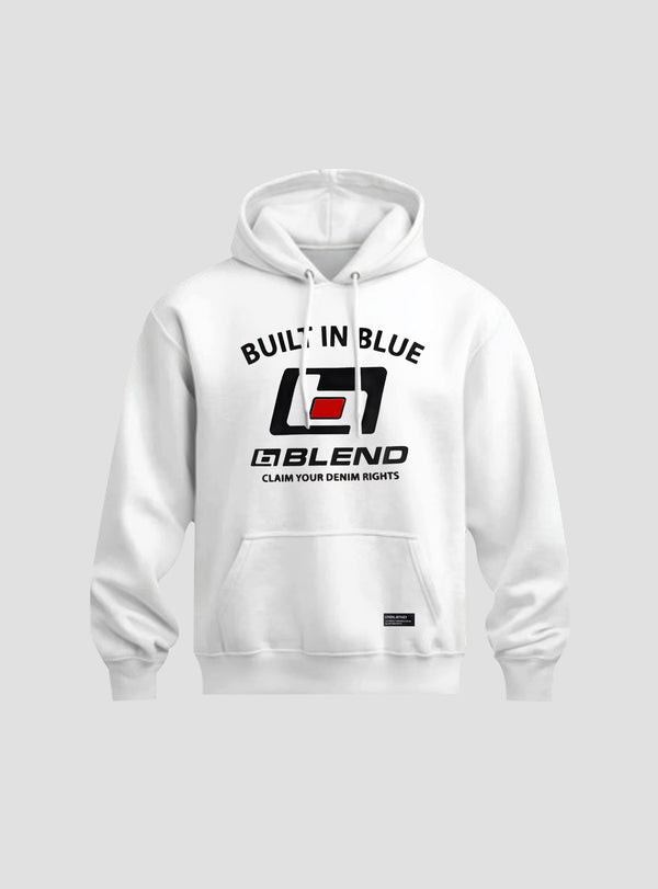 BLEND “BUILT IN BLUE ” WHITE HOODIE-BOLD STREETWEAR STATEMENT
