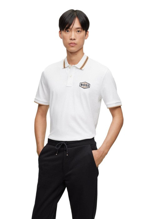 HUGO BOSS REGULAR FIT LOGO-PATCH POLO SHIRT IN COTTON MERERISED | WHITE