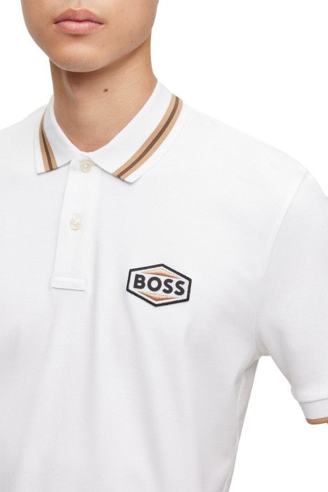 HUGO BOSS REGULAR FIT LOGO-PATCH POLO SHIRT IN COTTON MERERISED | WHITE