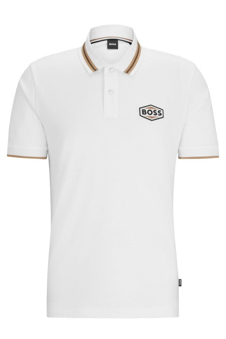HUGO BOSS REGULAR FIT LOGO-PATCH POLO SHIRT IN COTTON MERERISED | WHITE