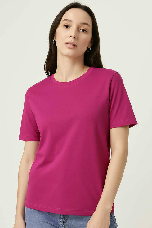 WOMEN'S CREW SHORT SLEEVE TEE NECK T-SHIRT | SOFT CASUAL FUCHSIA PINK