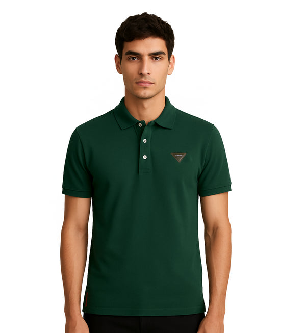 PRADA PIQUE MEN'S PLAIN TRIANGLE LOGO POLO | GREEN