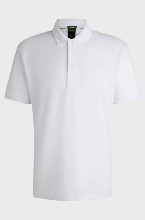 HUGO BOSS white polo shirt with logo, stretch cotton, premium fit.