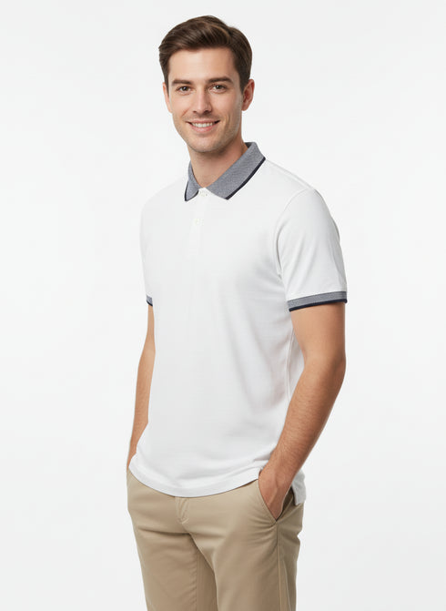 CELIO MEN’S CLASSIC WHITE POLO SHIRT – SOFT COTTON, CONTRAST COLLAR & SMART CASUAL FIT