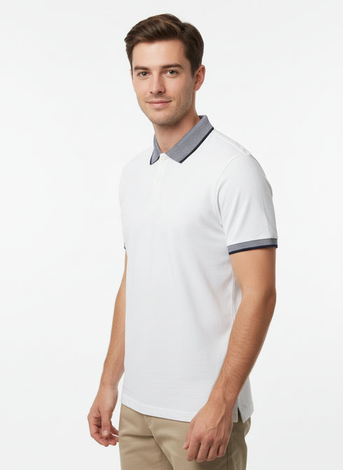 CELIO MEN’S CLASSIC WHITE POLO SHIRT – SOFT COTTON, CONTRAST COLLAR & SMART CASUAL FIT
