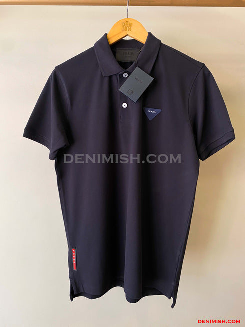 PRADA PIQUE MEN'S PLAIN TRIANGLE LOGO POLO | NAVY