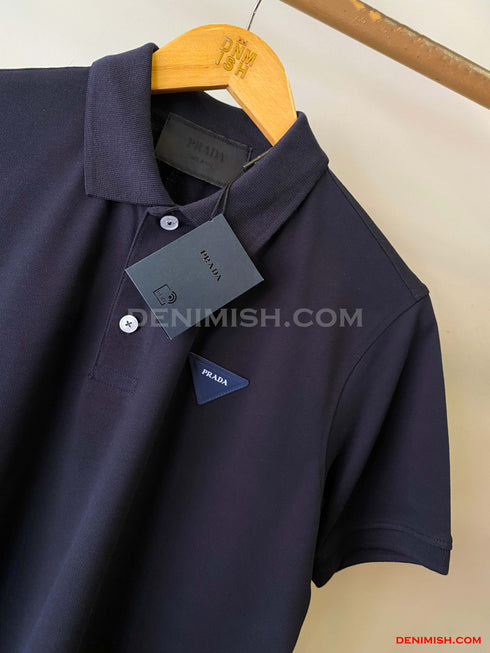 PRADA PIQUE MEN'S PLAIN TRIANGLE LOGO POLO | NAVY