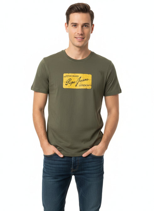 PEPE JEANS COTTON T-SHIRT WITH PRINTED LOGO | OLIVE GREEN