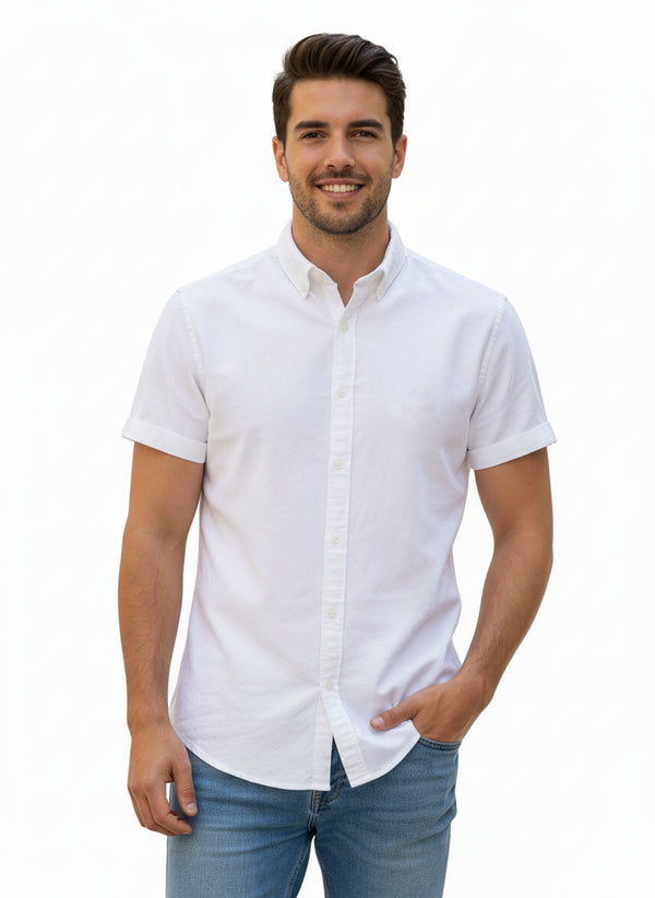 SPRINGFIELD OXFORD SHIRT HALF SLEEVE SIGNATURE EMBROIDERED LOGO – REGULAR FIT | WHITE