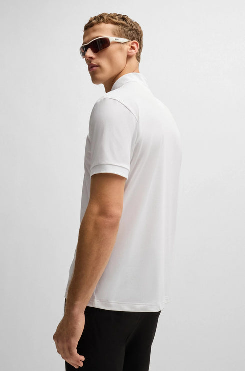 HUGO BOSS white polo shirt with logo, stretch cotton, premium fit.