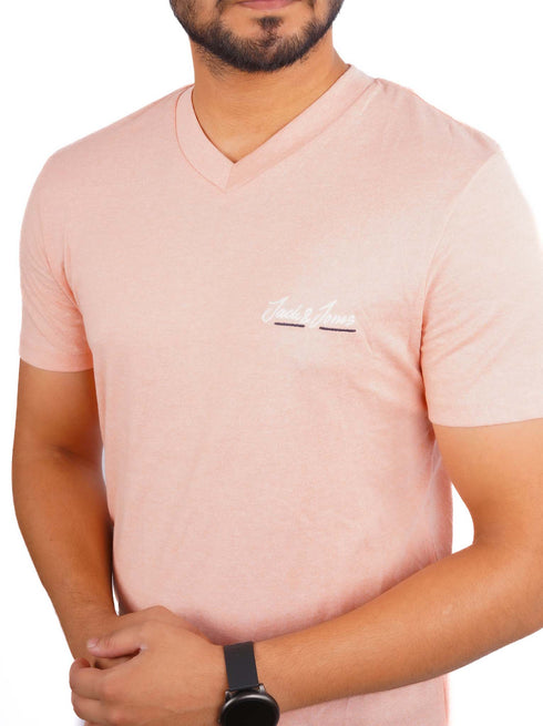 JACK & JONES - EMBROIDERED LOGO-V NECK T-SHIRT | LIGHT PEACH