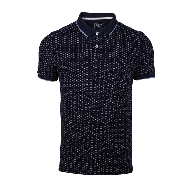 JULES DOTTED PRINT RIBBED SHORT SLEEVE POLO SHIRT | DARK BLUE