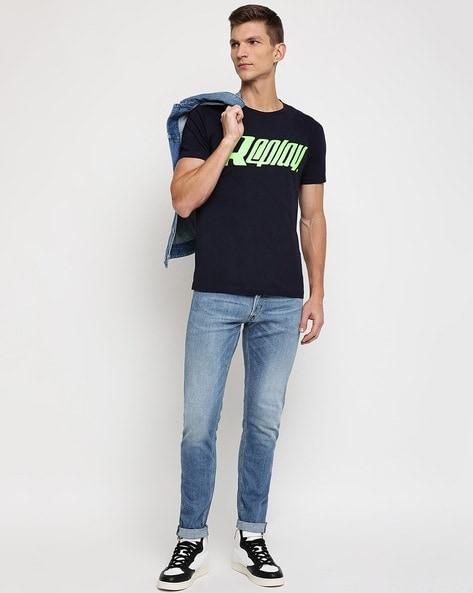 REPLAY.-BRAND PRINT CREW-NECK T-Shirt | D.BLUE