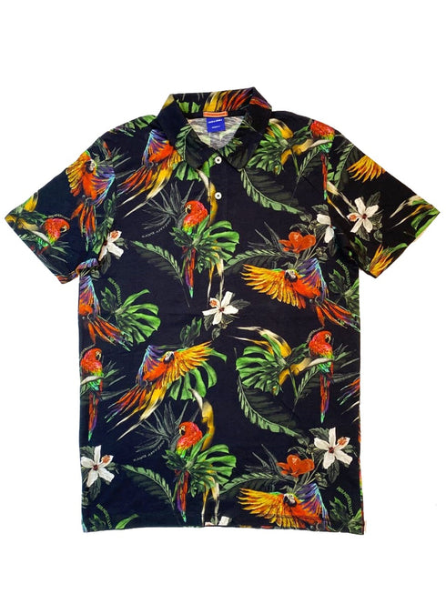 JACK & JONES. TROPICAL PRINT SHORT SLEEVE POLO SHIRT | BLACK