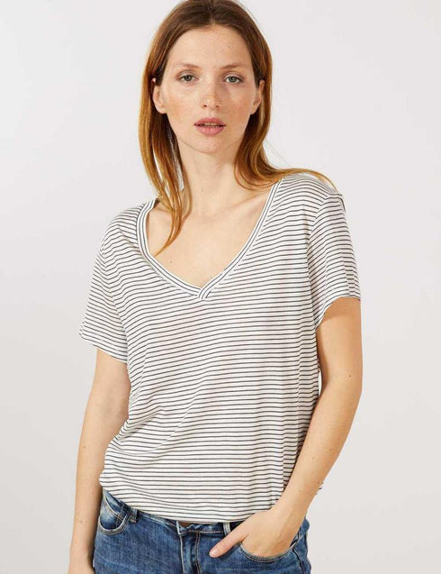 K.I.A.B.I-LADIES' SLOUCHY V-NECK T-SHIRT | WHITE WITH BLACK LINES