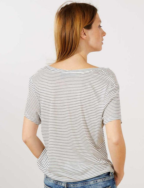 K.I.A.B.I-LADIES' SLOUCHY V-NECK T-SHIRT | WHITE WITH BLACK LINES