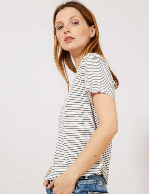 K.I.A.B.I-LADIES' SLOUCHY V-NECK T-SHIRT | WHITE WITH BLACK LINES