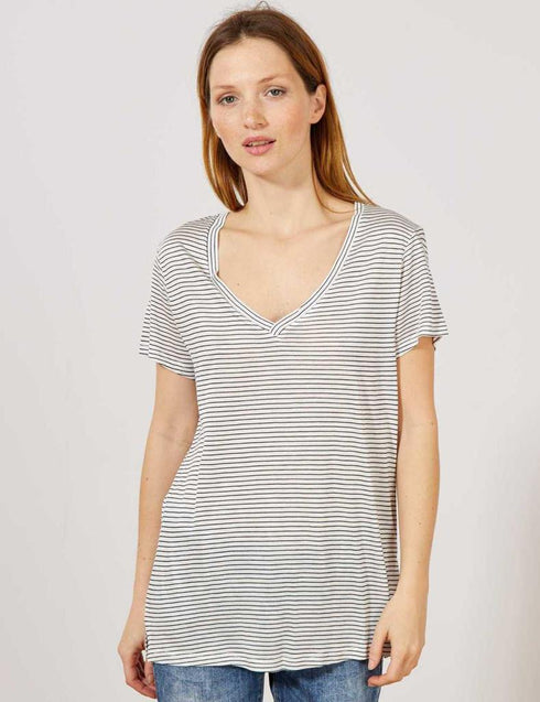 K.I.A.B.I-LADIES' SLOUCHY V-NECK T-SHIRT | WHITE WITH BLACK LINES