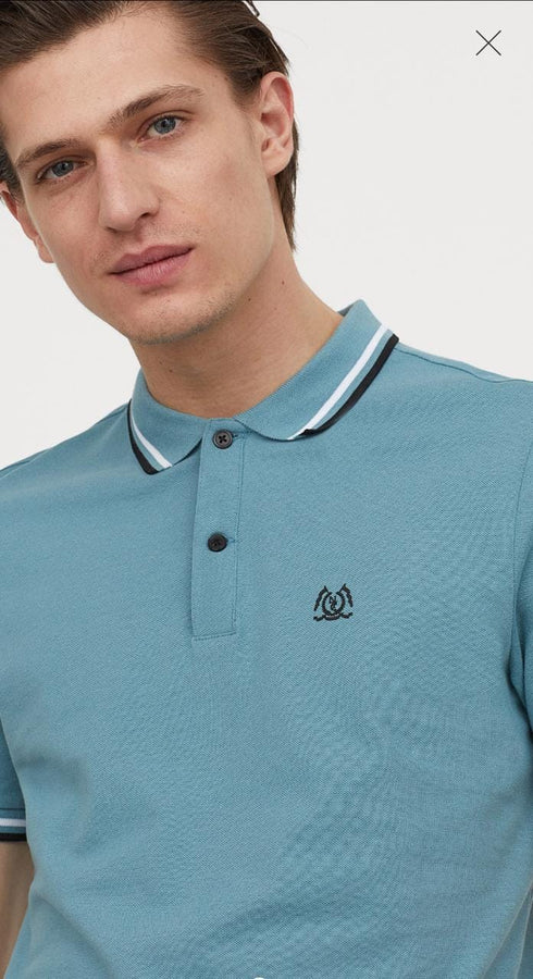 H&M MENS TIPPED POLO SHIRT WITH LOGO | SEA GREEN