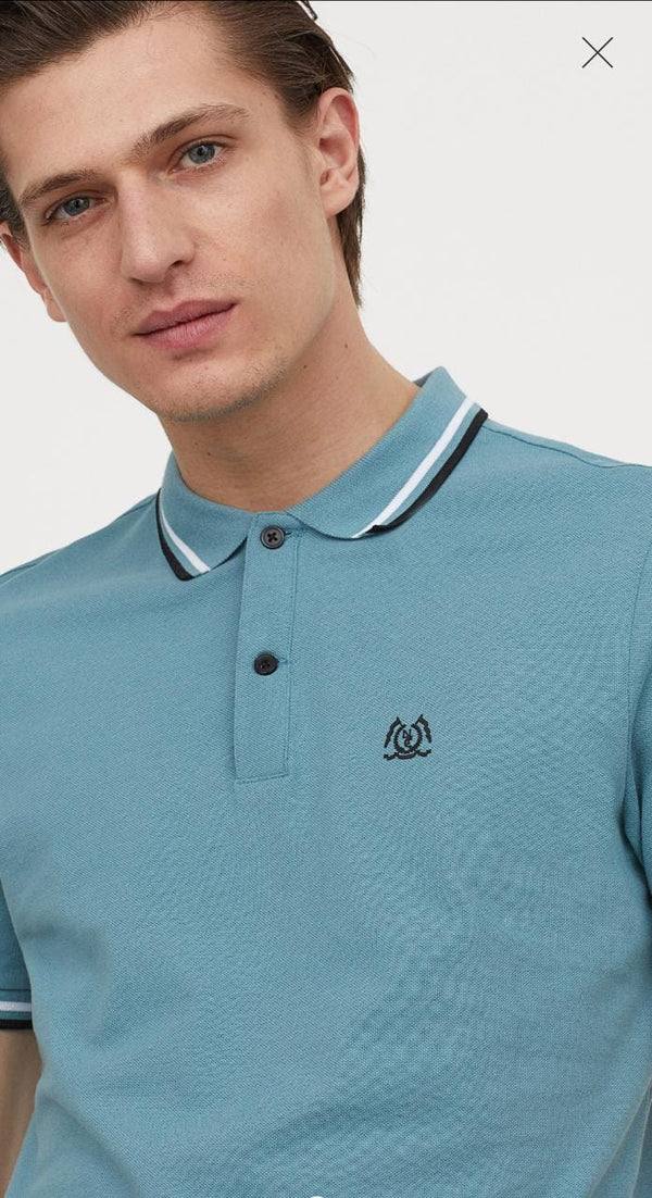 H&M MENS TIPPED POLO SHIRT WITH LOGO | SEA GREEN