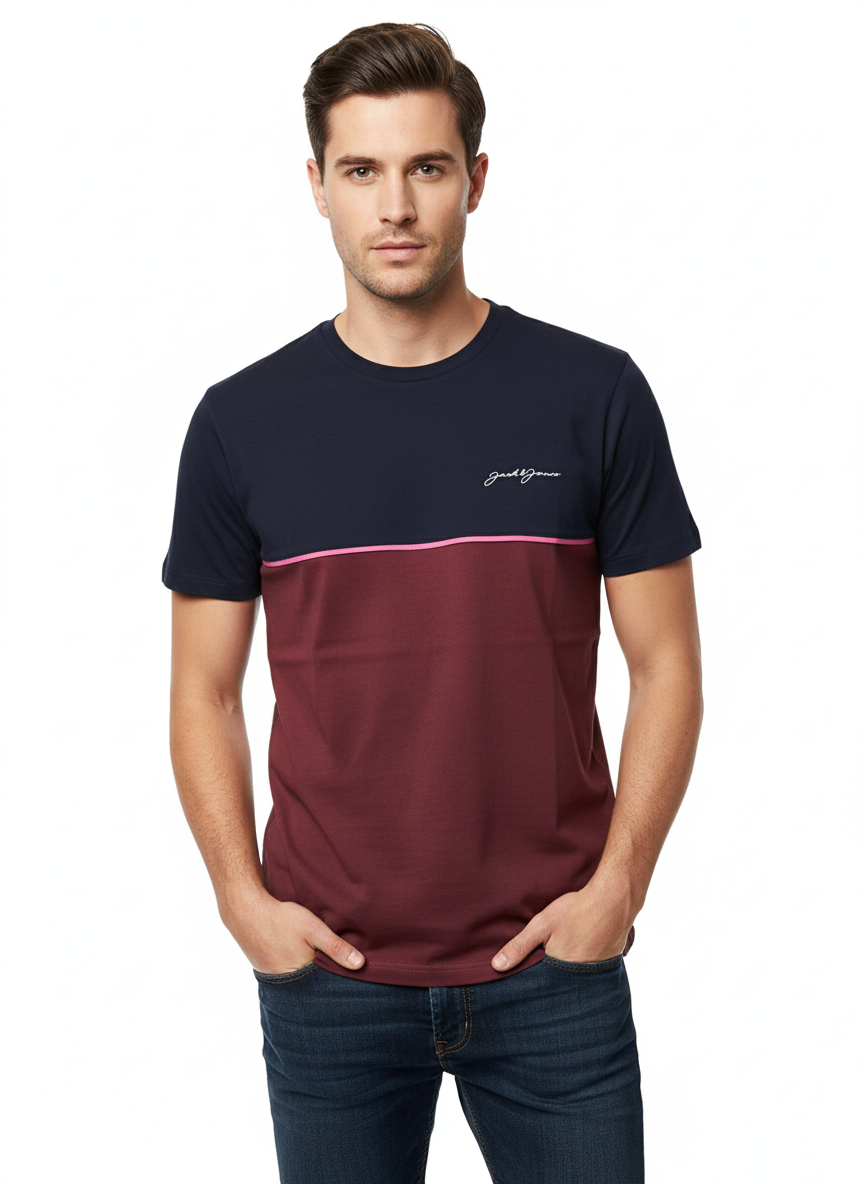 JACK & JONES MEN’S PREMIUM COLOR BLOCK CREW NECK T-SHIRT | NAVY BLUE & MAROON