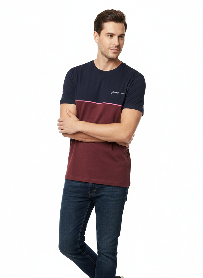 JACK & JONES MEN’S PREMIUM COLOR BLOCK CREW NECK T-SHIRT | NAVY BLUE & MAROON