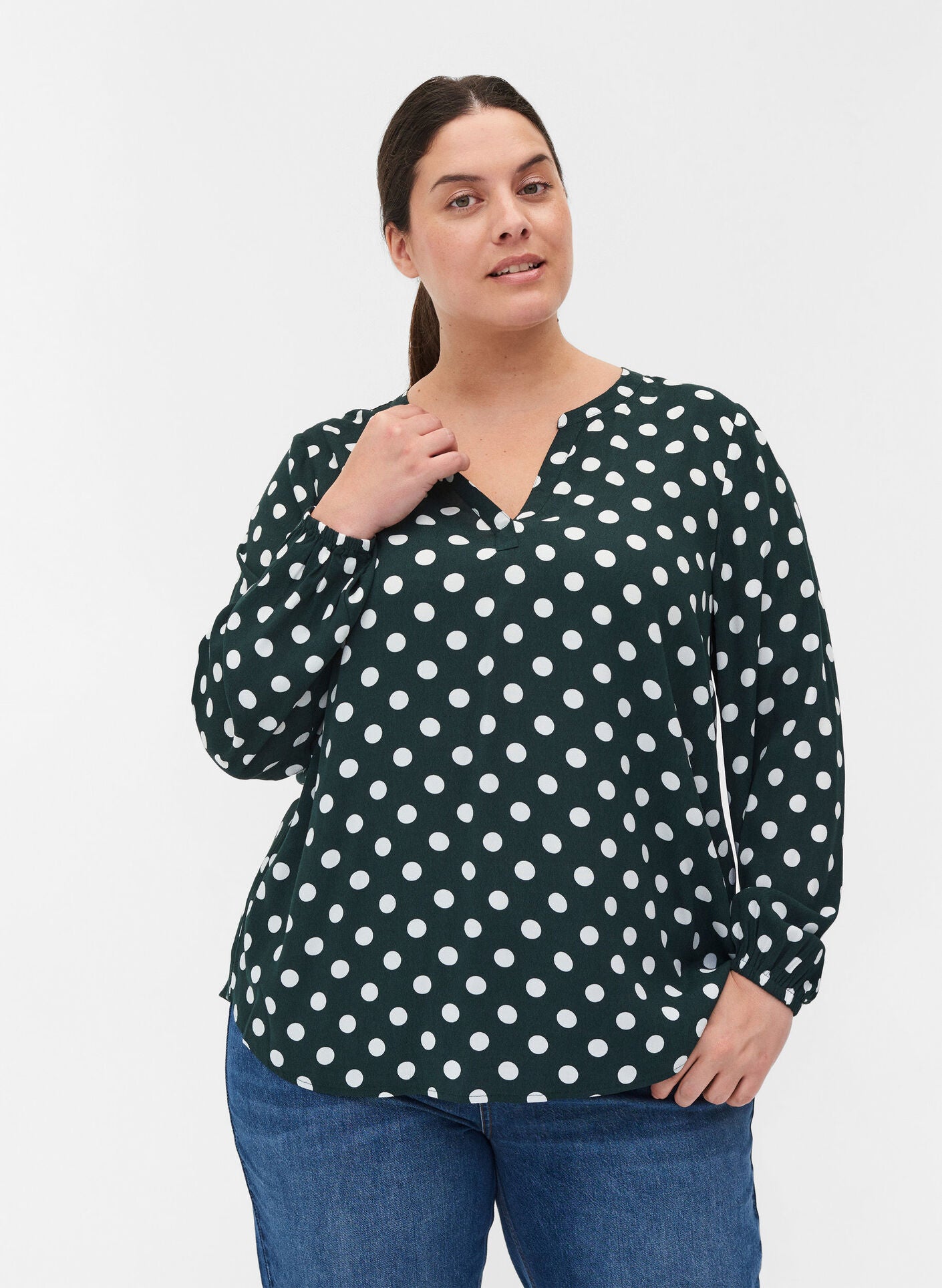 ZIZZI LONG-SLEEVED VISCOSE BLOUSE WITH V-NECK | GREEN