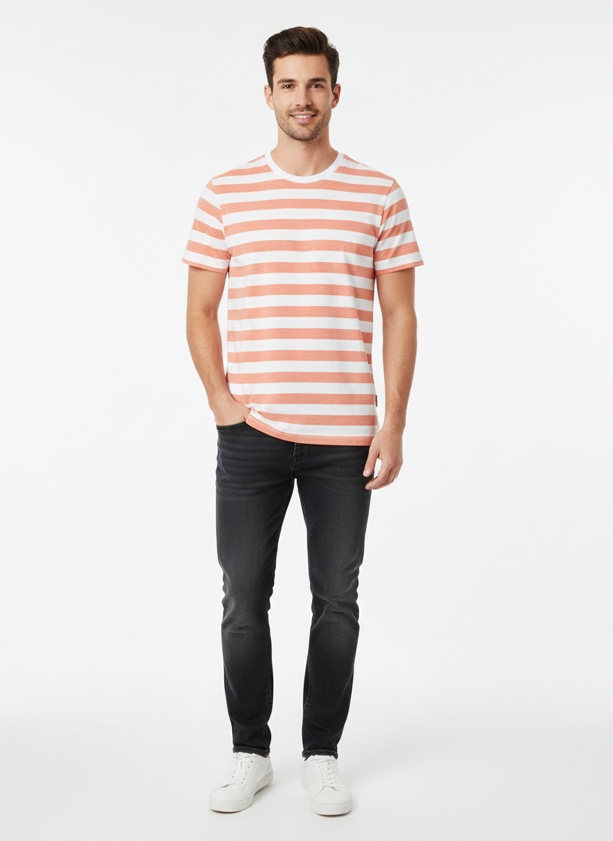 JACK & JONES MEN’S PREMIUM STRIPED COTTON T-SHIRT –  PEACH & WHITE