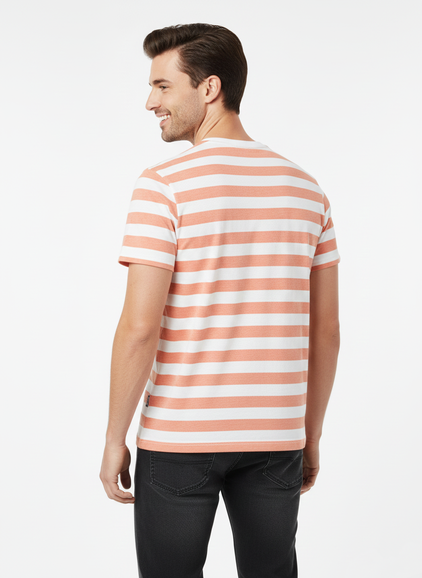JACK & JONES MEN’S PREMIUM STRIPED COTTON T-SHIRT –  PEACH & WHITE