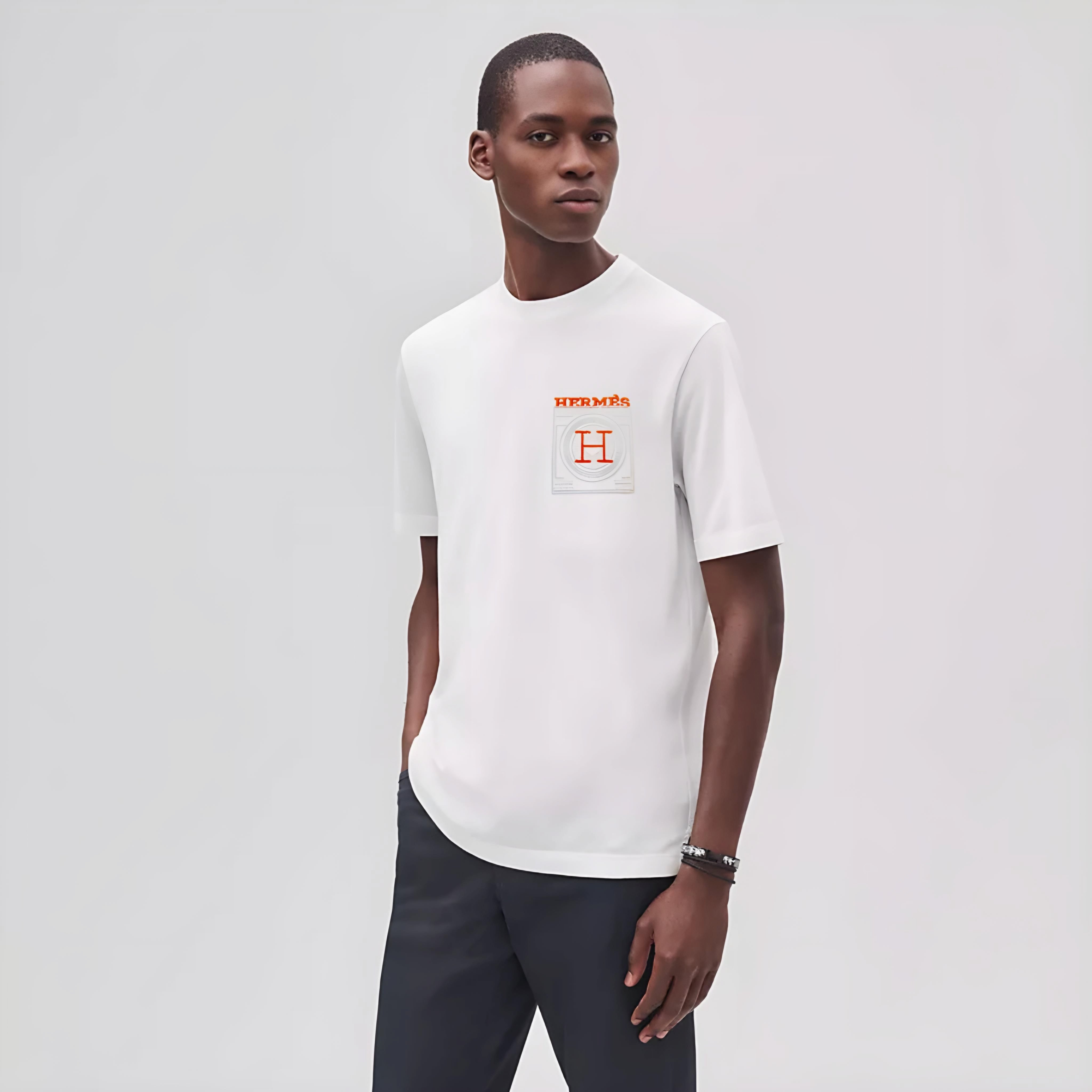 HERMES ホワイト Tシャツ HERMES エルメス ロゴ刺繍 カットソー Tシャツ トップス/M