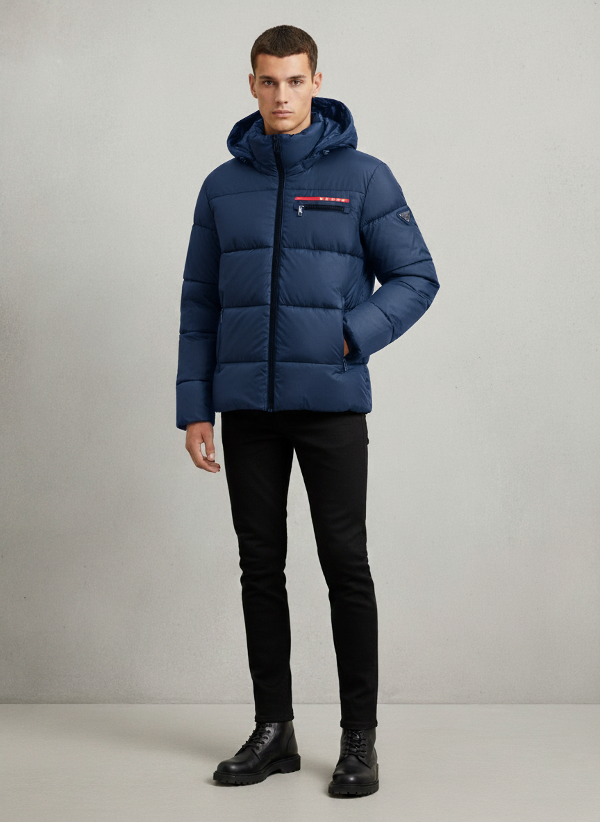 PRADA LUXURY PUFFER JACKET WITH PREMIUM LEATHER DETAILING | NAVY