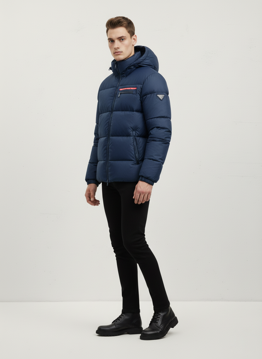 PRADA LUXURY PUFFER JACKET WITH PREMIUM LEATHER DETAILING | NAVY