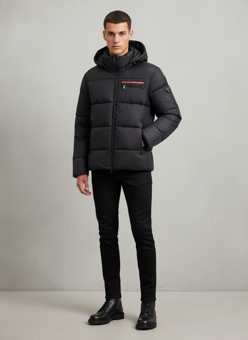 PRADA LUXURY PUFFER JACKET WITH PREMIUM LEATHER DETAILING | BLACK