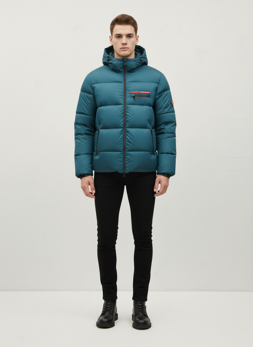 PRADA LUXURY PUFFER JACKET WITH PREMIUM LEATHER DETAILING | VERDE PETROLIO