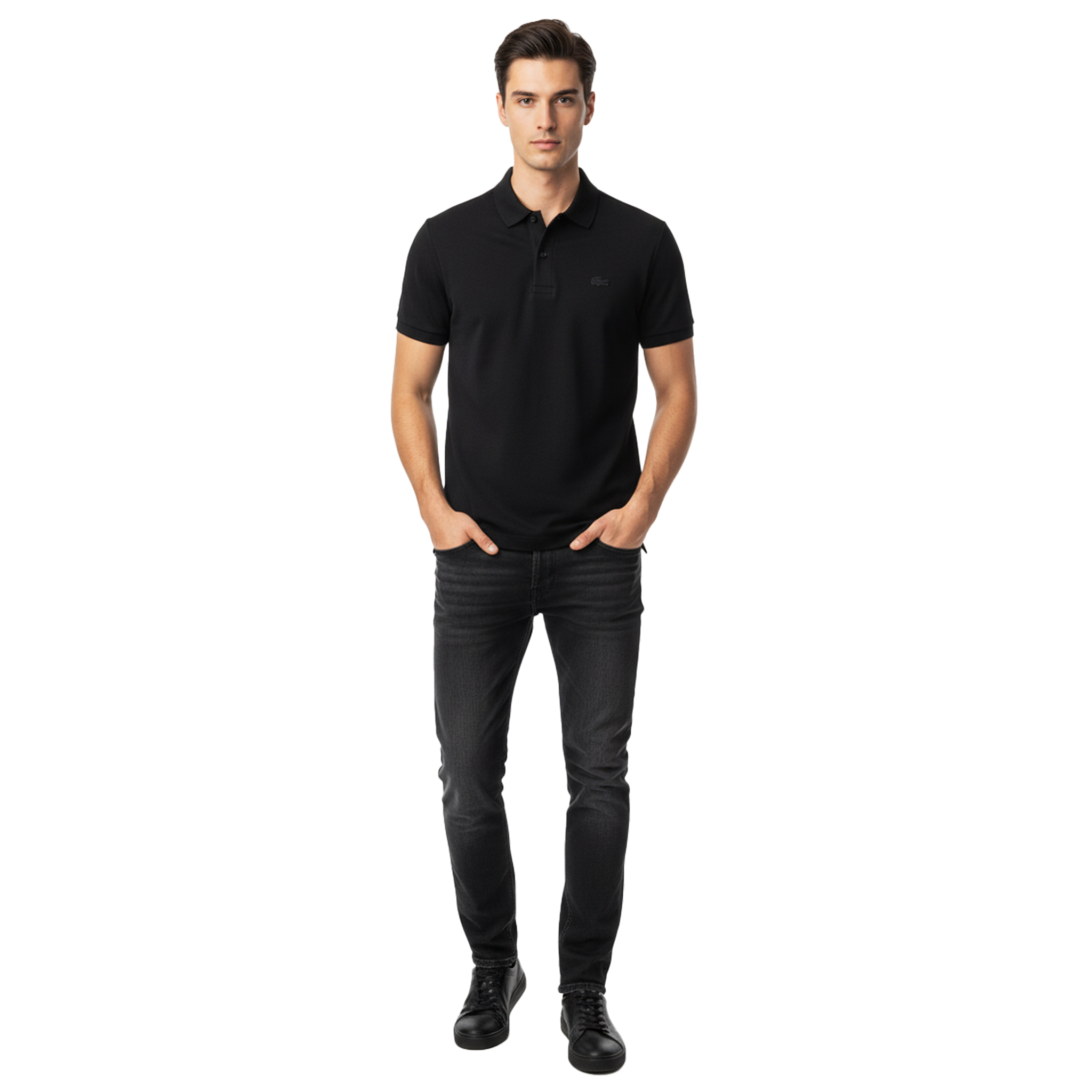 LACOSTE CLASSIC POLO SHIRT WITH STRIPED COLLAR & EMBROIDERED LOGO | BLACK