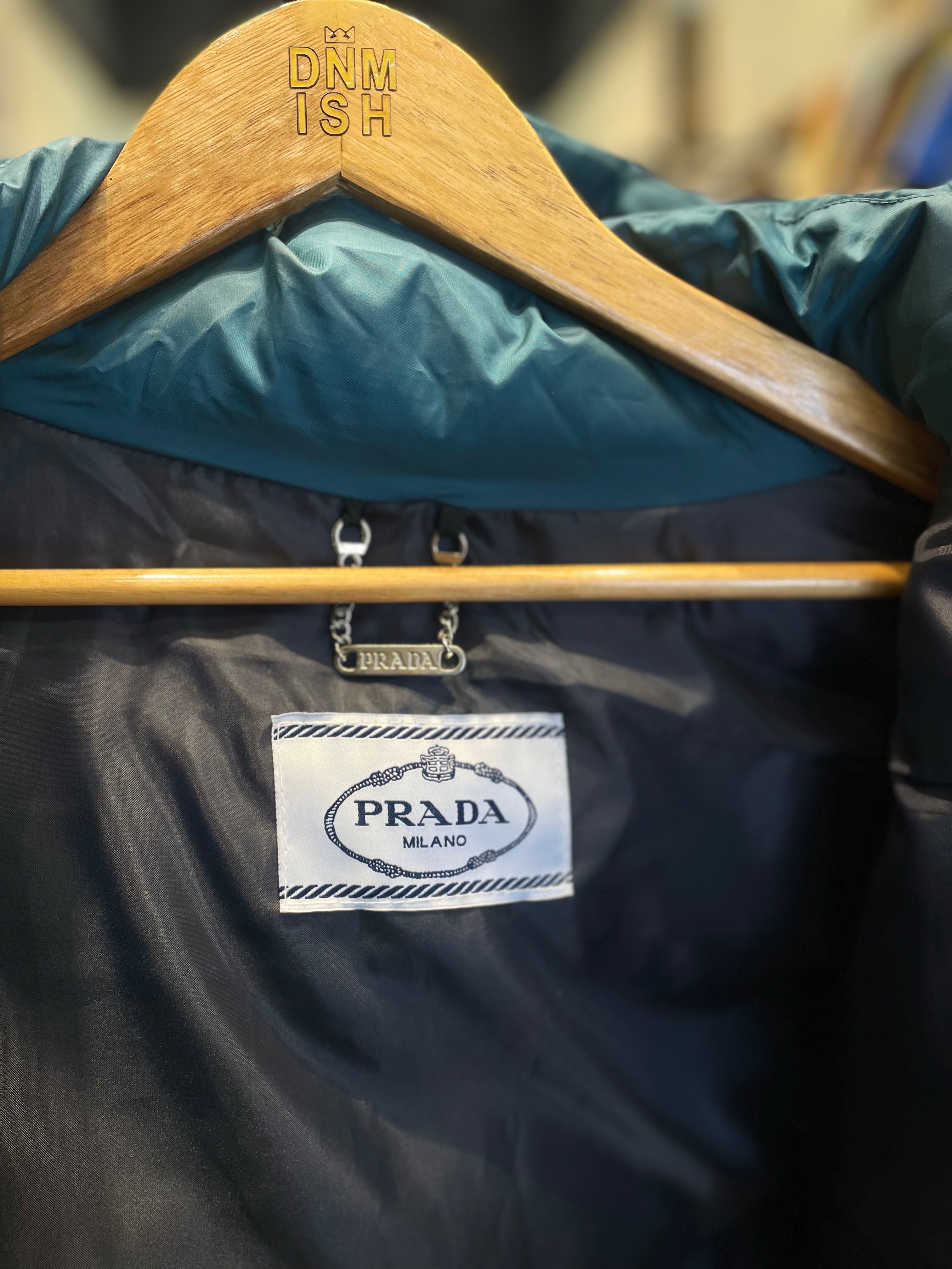 PRADA LUXURY PUFFER JACKET WITH PREMIUM LEATHER DETAILING | VERDE PETROLIO