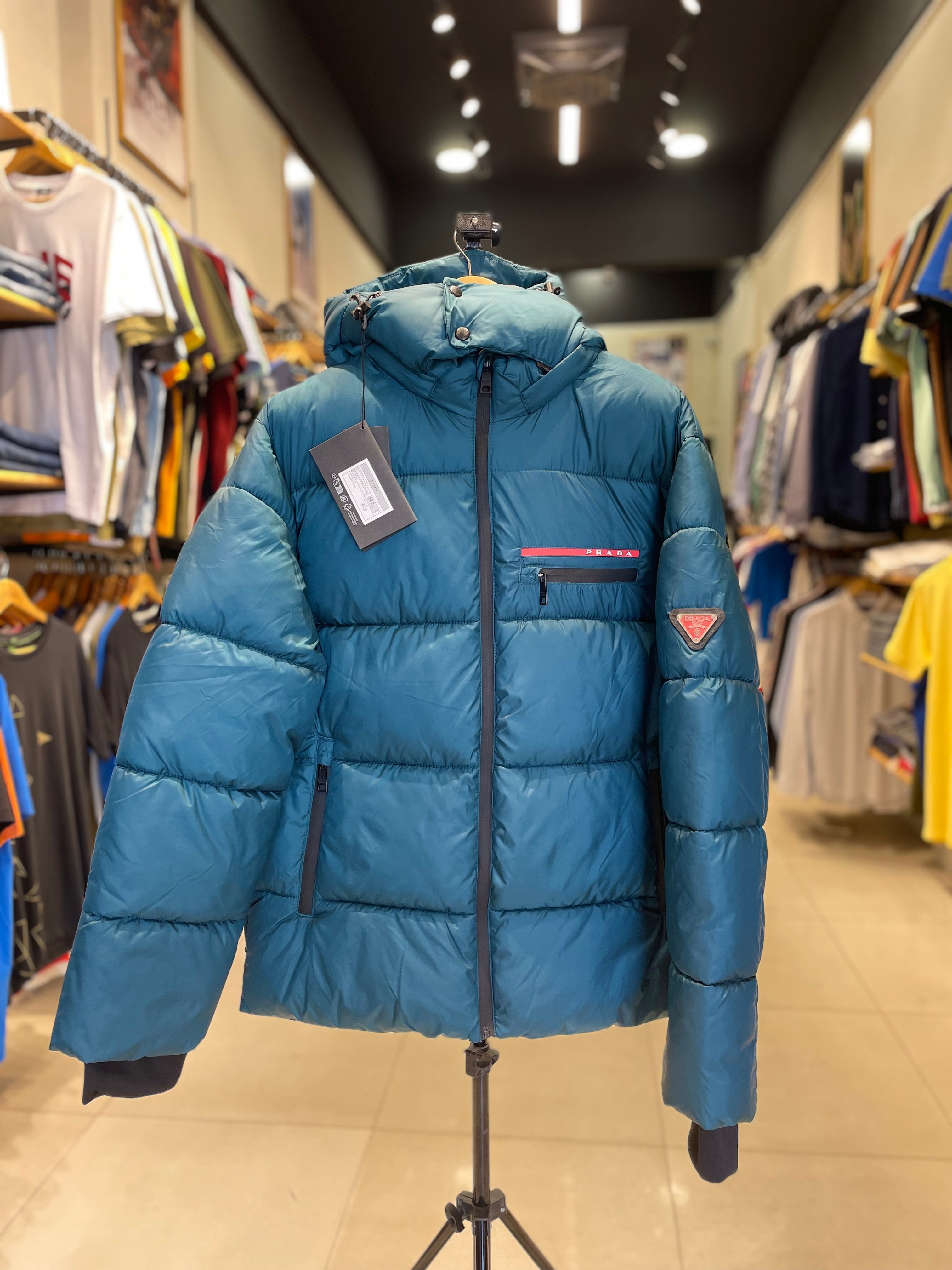 PRADA LUXURY PUFFER JACKET WITH PREMIUM LEATHER DETAILING | VERDE PETROLIO